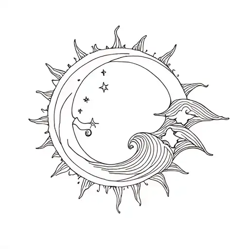 Can you draw a linework tattoo of Sun, moon, wave and stars? But colorless and masculine linework tattoo  tattoo design idea