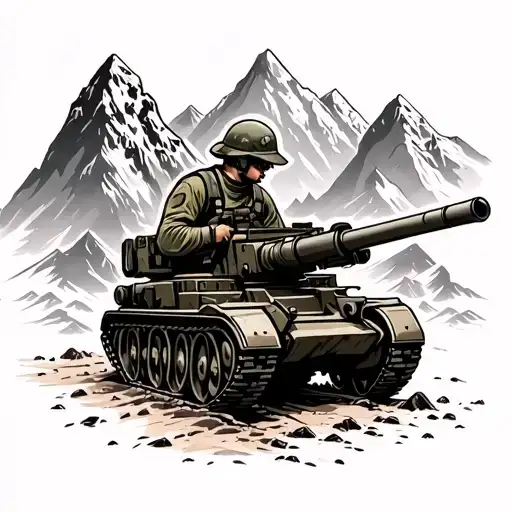 Army artillery mountains fallen soldier tattoo design idea