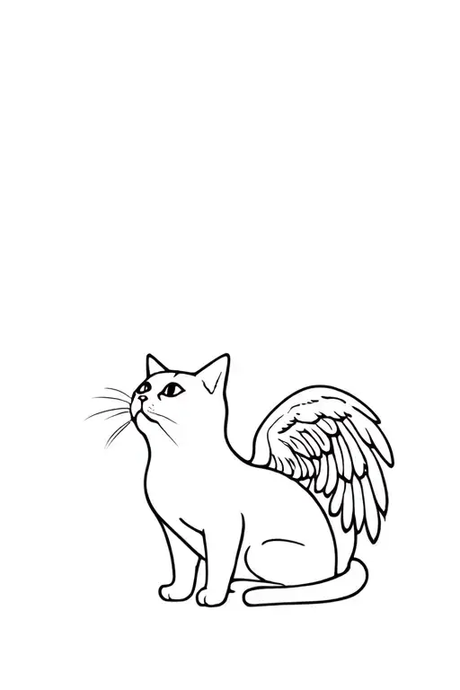 cat sitting and looking up and to the side with angel wings  tattoo design idea