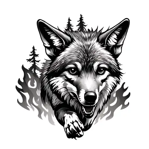 coyote running through a forest fire tattoo design idea