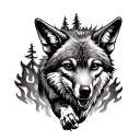 coyote running through a forest fire tattoo design idea