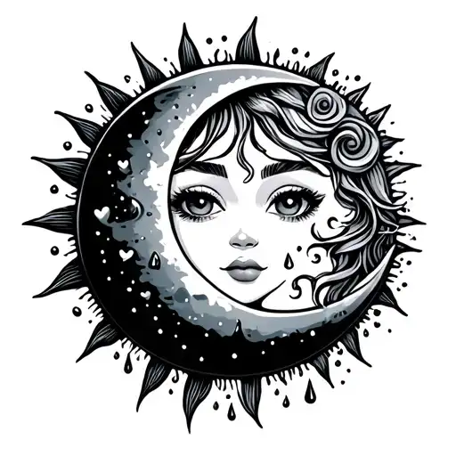 sun, moon, cartoon, love and rain tattoo design idea