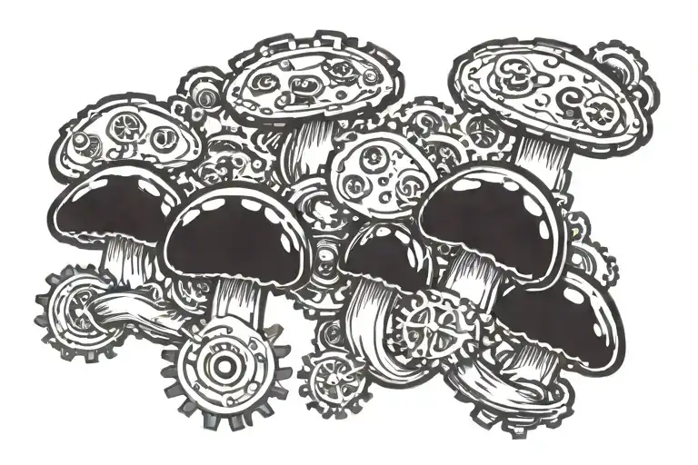mini mushrooms growing from  steampunk cogs tattoo design idea