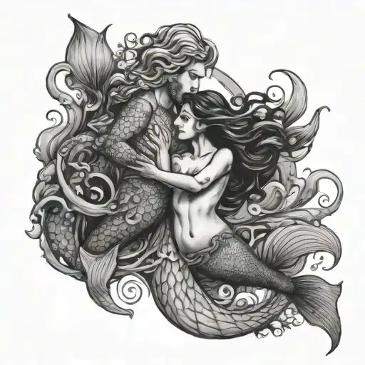 mermaid and Merman swimming underwater surrounded tattoo design idea
