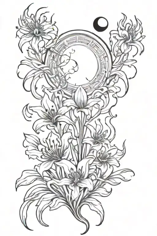 Lycoris radiata and fire with moon phases with an mythical creature tattoo design idea