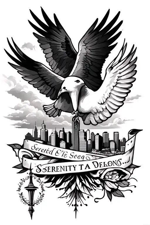 forearm tattoo including seattle skyline, serenity prayer, and two doves. tattoo design idea