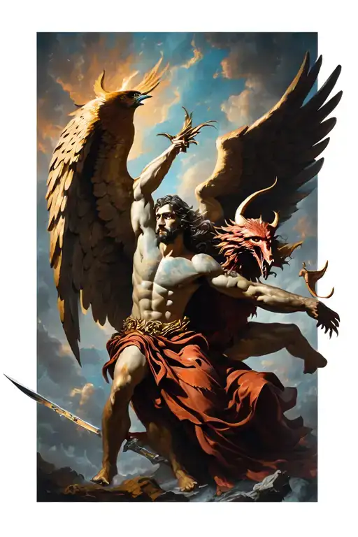 Archangel Michael slaying the devil, with a phoenix soaring above them tattoo design idea