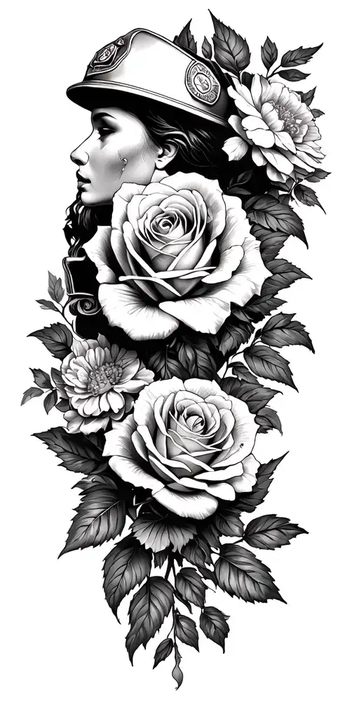 cancer warrior, firefighter, roses and carnations, italy tattoo design idea