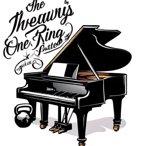 a grand piano and a kettlebell, surrounded by the text of the one ring tattoo design idea