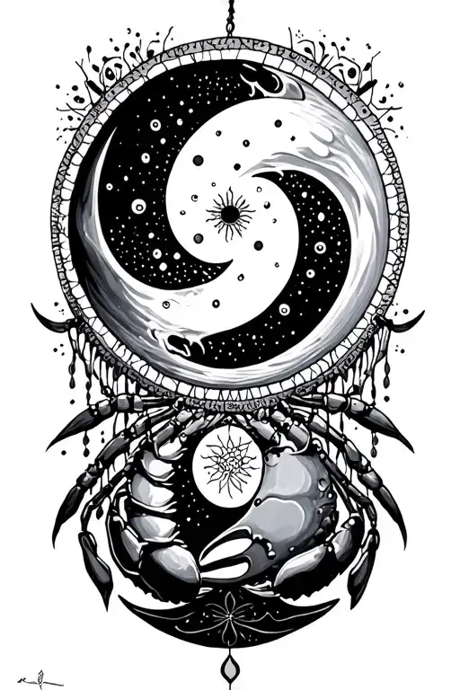 Cancer Yin Yang crab dream catcher entwined moon and sun  tattoo design idea