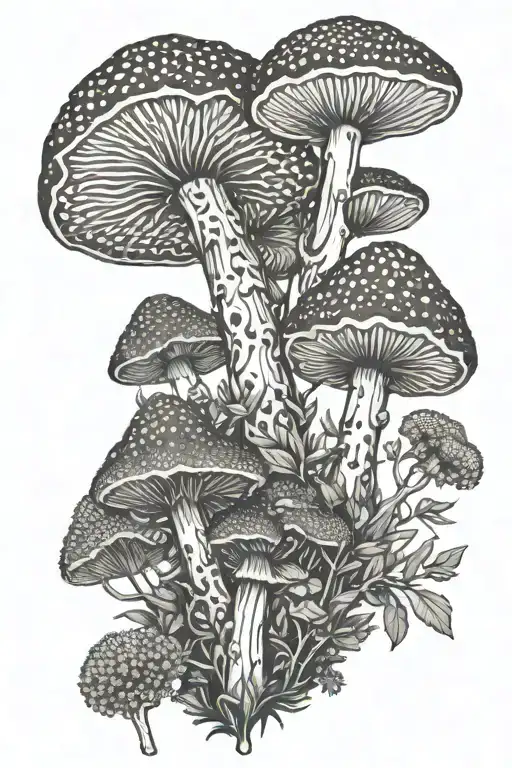 morchella mushroom evergreen forest as a tattoo, dreamy design tattoo design idea