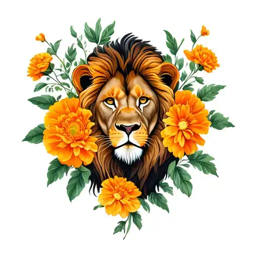 lion out of a french marigold flower in color tattoo design idea