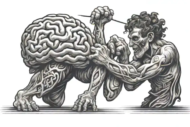 Brain and heart playing tug of war tattoo design idea