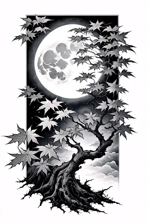 Japanese maple tree with leaves and a moon tattoo design idea