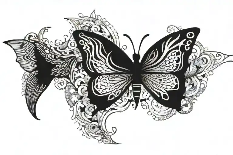 A butterfly transforming into a blue whale tattoo design idea