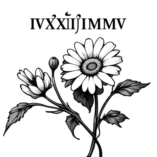 daisy and sweat pea flower with the vine writing out  IV・XXI・MMV in stencil-form  tattoo design idea