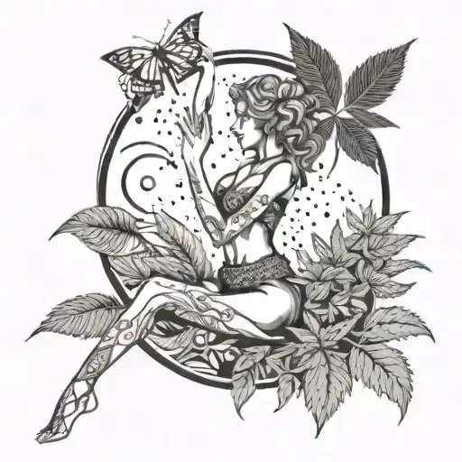 A tattoo design featuring a dancer in a meditative pose, surrounded by cannabis leaves and music notes tattoo design idea
