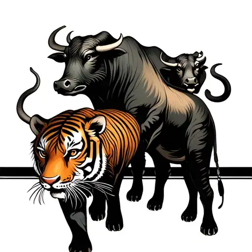 twin water buffalos stalked by a tiger tattoo design idea