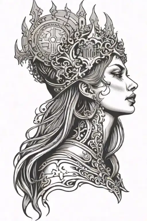 woman face with gothic church coming out of head tattoo design idea