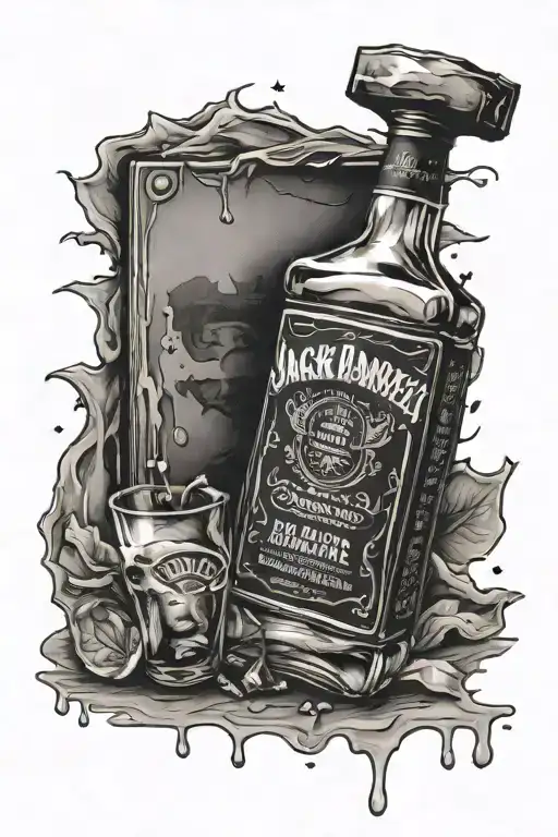 broken Jack Daniel's bottle with shot glass tattoo design idea