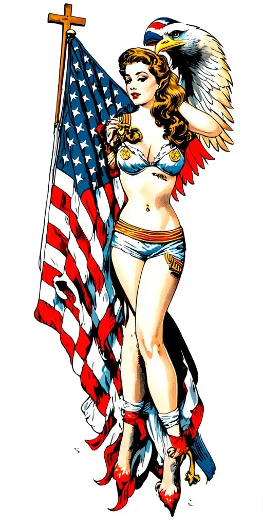 pinup girl, american flag, soldiers cross, bald eagle tattoo design idea