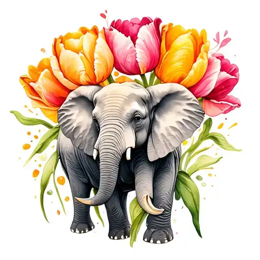 elephant and tulip flower tattoo design idea