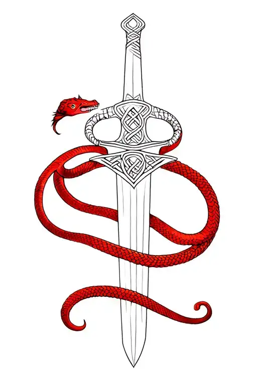 Chinese red snake wrapped around a celtic claymore sword tattoo design idea