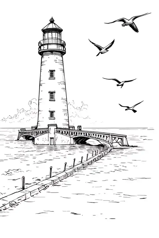 Lighthouse Tokarevskaya cat The main object, road to the head, sea, Russian bridge against the backdrop of a lighthouse, Seagulls, tattoo design idea