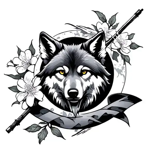 Gray Ribbon in Tattoo incorporates a wolf with a lunar rod the background with Sakura flowers around it. I think Viking Style tattoo design idea