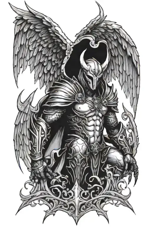 lucifer fallen Angel in armor and with demon wings  tattoo design idea