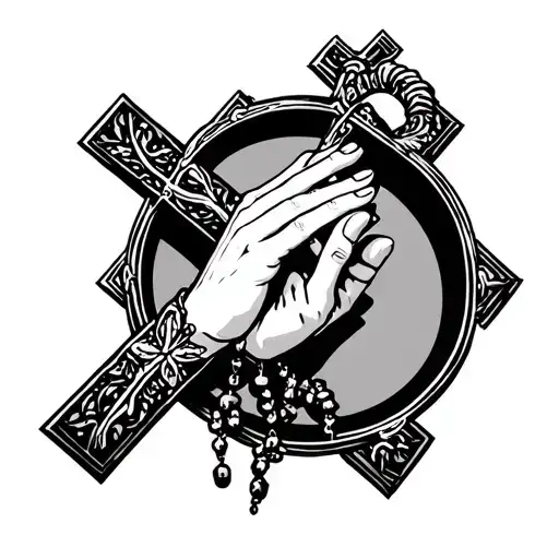 cross with rosary and praying hands  tattoo design idea