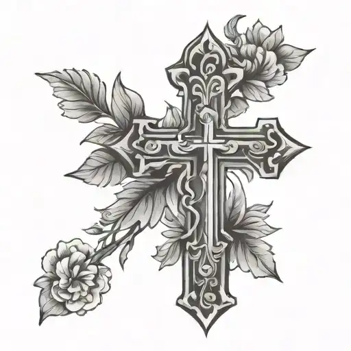 simple cross and floral tattoo design idea