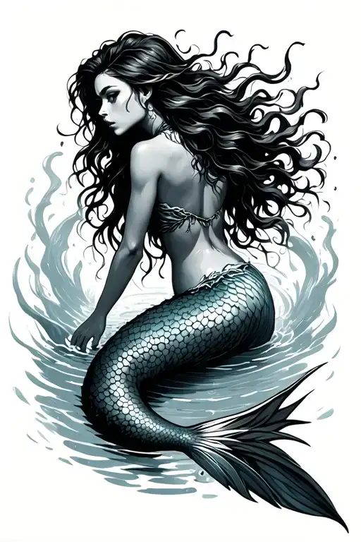A fierce but gorgeous siren mermaid full body only showing backside, she is swimming and she has a lot of hair flowing tattoo design idea