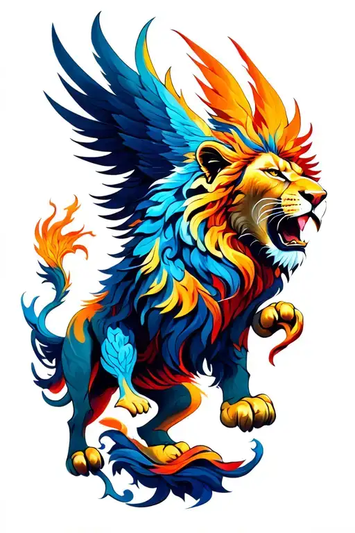 lion roaring and Phoenix rising tattoo design idea