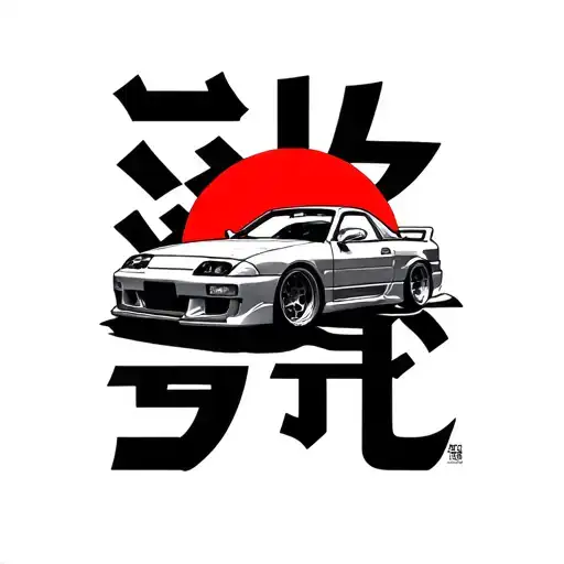 MK4 supra minimialistic line design incorporating red sun from japanese flag with japanese letters behind the supra tattoo design idea