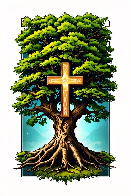 "MCMXCVIII" a  oak tree with deep roots and with eastern orthodox cross in the background  tattoo design idea