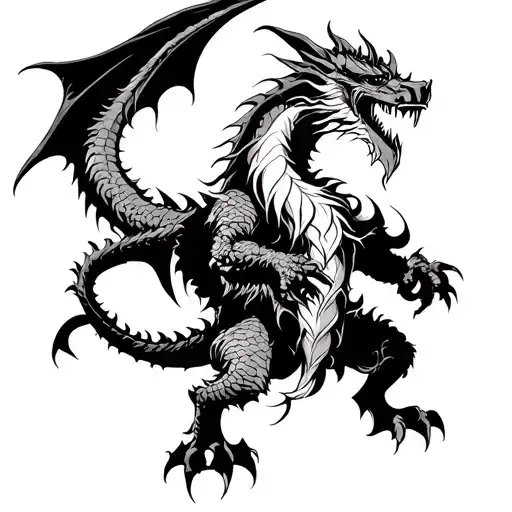 long beard old warrior fighting dragon  tattoo design idea