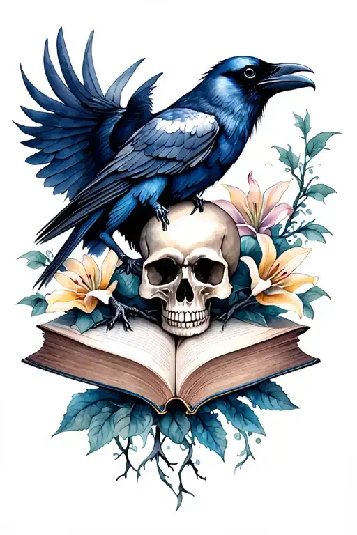 skull,raven, books, gothic, thorn vines, lillies tattoo design idea