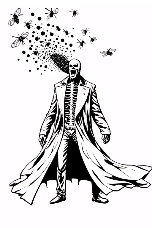 Candyman from 1992 movie Candyman. Bees coming from open mouth. Wearing long trench coat. Revealing exposed rib cage. tattoo design idea