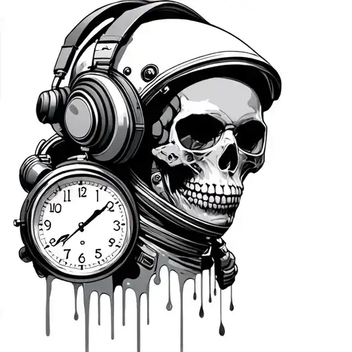 astronaut with headphones and clock melting skull tattoo design idea