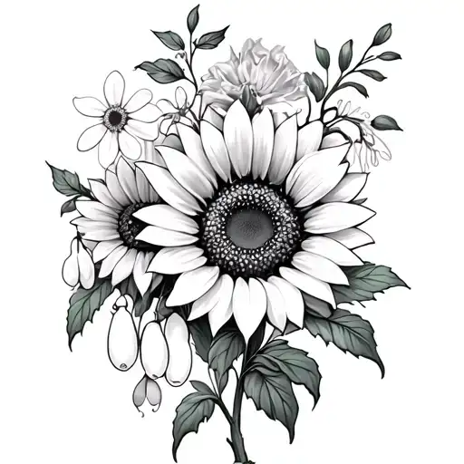 full sunflower head, daisys, cyclamen and snowdrops intertwined with a delicate vine on top of arm tattoo design idea