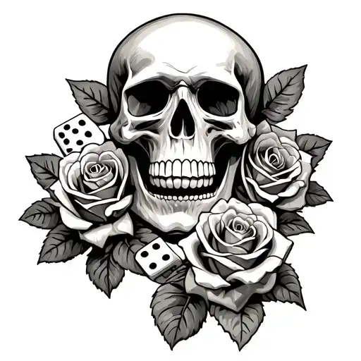 skull money roses and dice symbolizing the gamble tattoo design idea