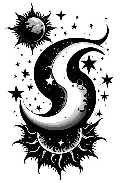 sun moon and stars scattered tattoo design idea
