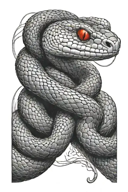 A snake of the red-bellied asp species. is wrapped around the hand. It is made in red and black tones. The snake is in a calm state. tattoo design idea