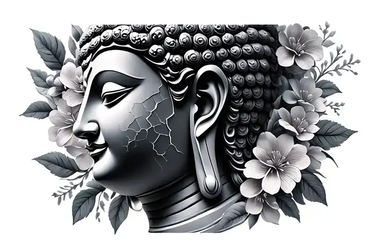 Buddha head with slight cracks on the left and right, fine flowers, gothic church Elements and pillas tattoo design idea