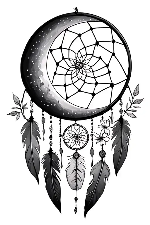 Crescent moon as a Dreamcatcher with feathers at the bottom and flowers tattoo design idea