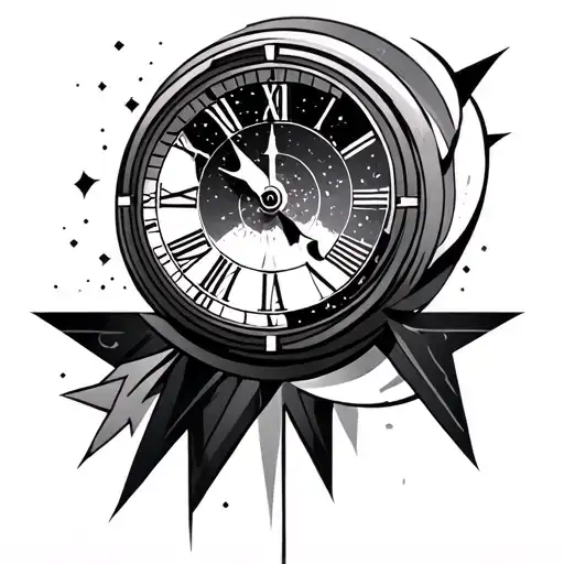 Graphic, Shapes, atlantis, clock, , THIN lines, elegant and masculine, long, under the arm in my back, minimalist  tattoo design idea