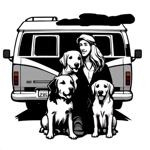 a husband and wife with 2 golden retrievers next to a campervan tattoo design idea