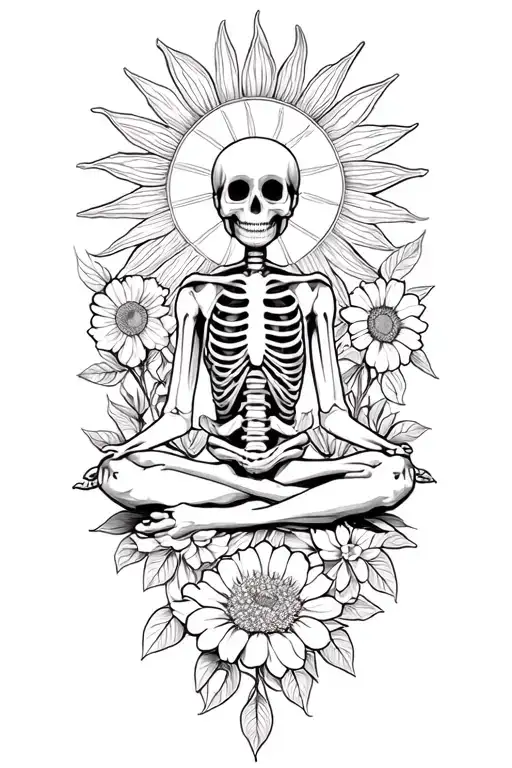 skeleton meditating, big sun , flowers as filler for sleevee tattoo design idea