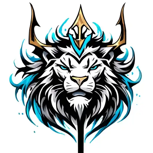 water lion trident silver blue and bronze  tattoo design idea
